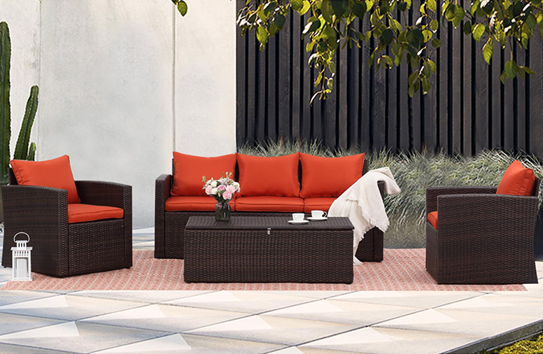 Weather Resistant PE Wicker Garden Sofa with Storage Coffee Table Set