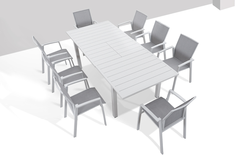 New Arrival Patio Extendable White Color Aluminum Outdoor Table and Chairs Set
