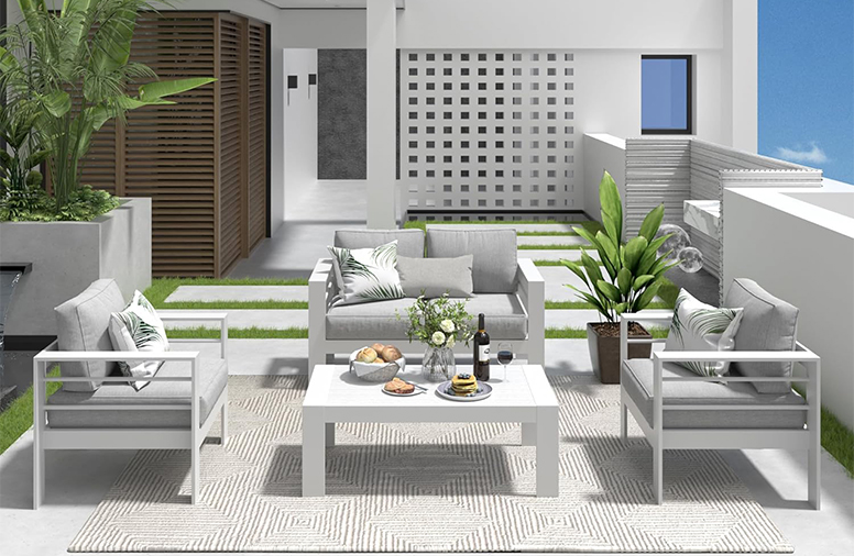 4 Pcs Aluminum Furniture White Powder Frame Colorful 15cm Thick Cushion Garden Outdoor Balcony Sets
